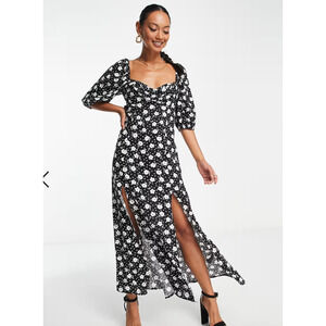 ASOS DESIGN puff sleeve ruched bust Midi split dress in floral and heart Size 4